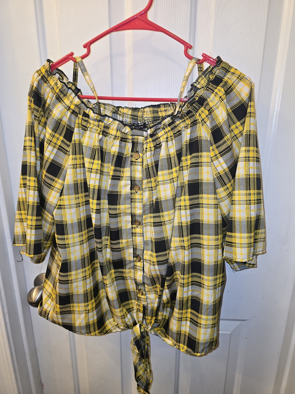Off-Shoulder Yellow Plaid Tie-Front Blouse